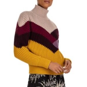 ba&sh Colorblock Ribbed Turtleneck Sweater in Mustard, Burgundy, Pink and Cream